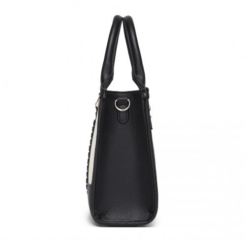 Miss Lulu PU Leather Graceful Spacious Tote Bag with Woven Trim and Detachable Ethnic Strap - Black
