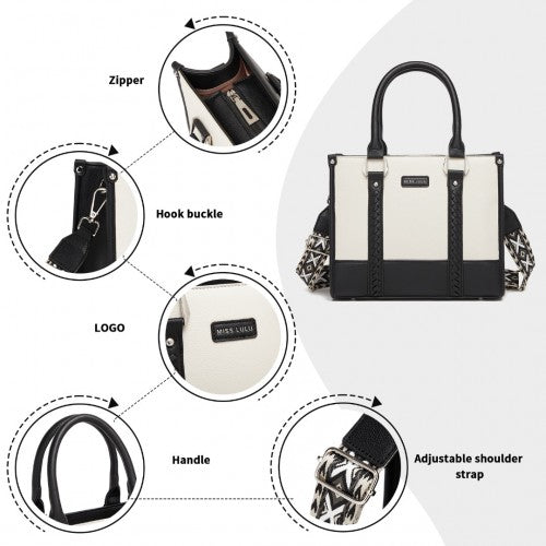 Miss Lulu PU Leather Graceful Spacious Tote Bag with Woven Trim and Detachable Ethnic Strap - Black