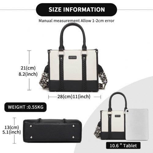 Miss Lulu PU Leather Graceful Spacious Tote Bag with Woven Trim and Detachable Ethnic Strap - Black