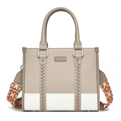 Miss Lulu PU Leather Graceful Spacious Tote Bag with Woven Trim and Detachable Ethnic Strap - Khaki
