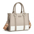 Miss Lulu PU Leather Graceful Spacious Tote Bag with Woven Trim and Detachable Ethnic Strap - Khaki