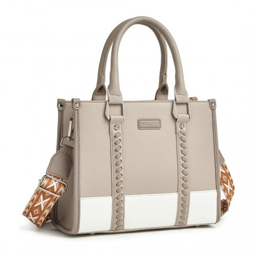 Miss Lulu PU Leather Graceful Spacious Tote Bag with Woven Trim and Detachable Ethnic Strap - Khaki