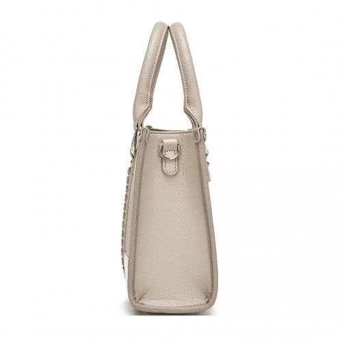 Miss Lulu PU Leather Graceful Spacious Tote Bag with Woven Trim and Detachable Ethnic Strap - Khaki