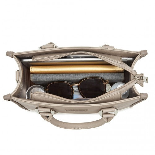 Miss Lulu PU Leather Graceful Spacious Tote Bag with Woven Trim and Detachable Ethnic Strap - Khaki