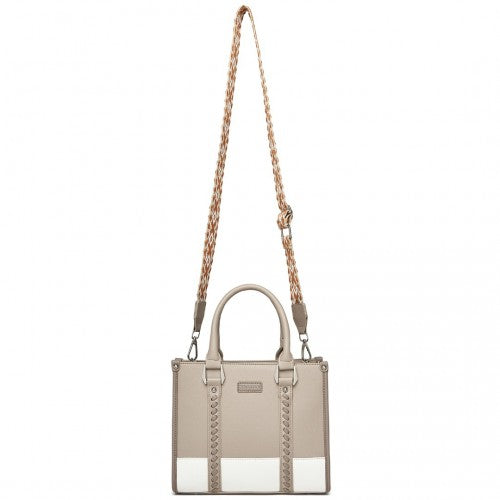 Miss Lulu PU Leather Graceful Spacious Tote Bag with Woven Trim and Detachable Ethnic Strap - Khaki