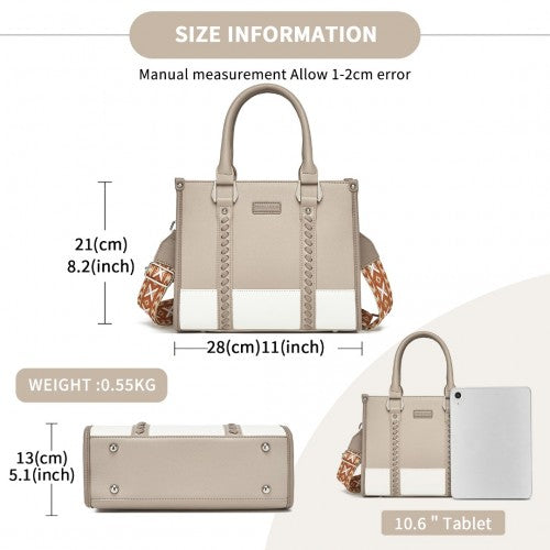 Miss Lulu PU Leather Graceful Spacious Tote Bag with Woven Trim and Detachable Ethnic Strap - Khaki
