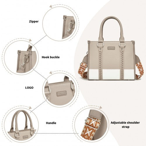 Miss Lulu PU Leather Graceful Spacious Tote Bag with Woven Trim and Detachable Ethnic Strap - Khaki