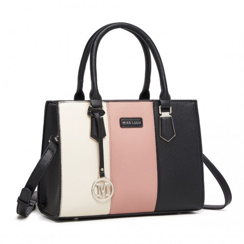 MISS LULU PU Leather Three - Tone Stitched Shoulder Handbag - Stylish Daily Bag with Adjustable Strap - Pink