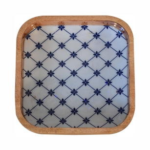 Handmade Solid Wood Blue and White Square Bowl Set of 2