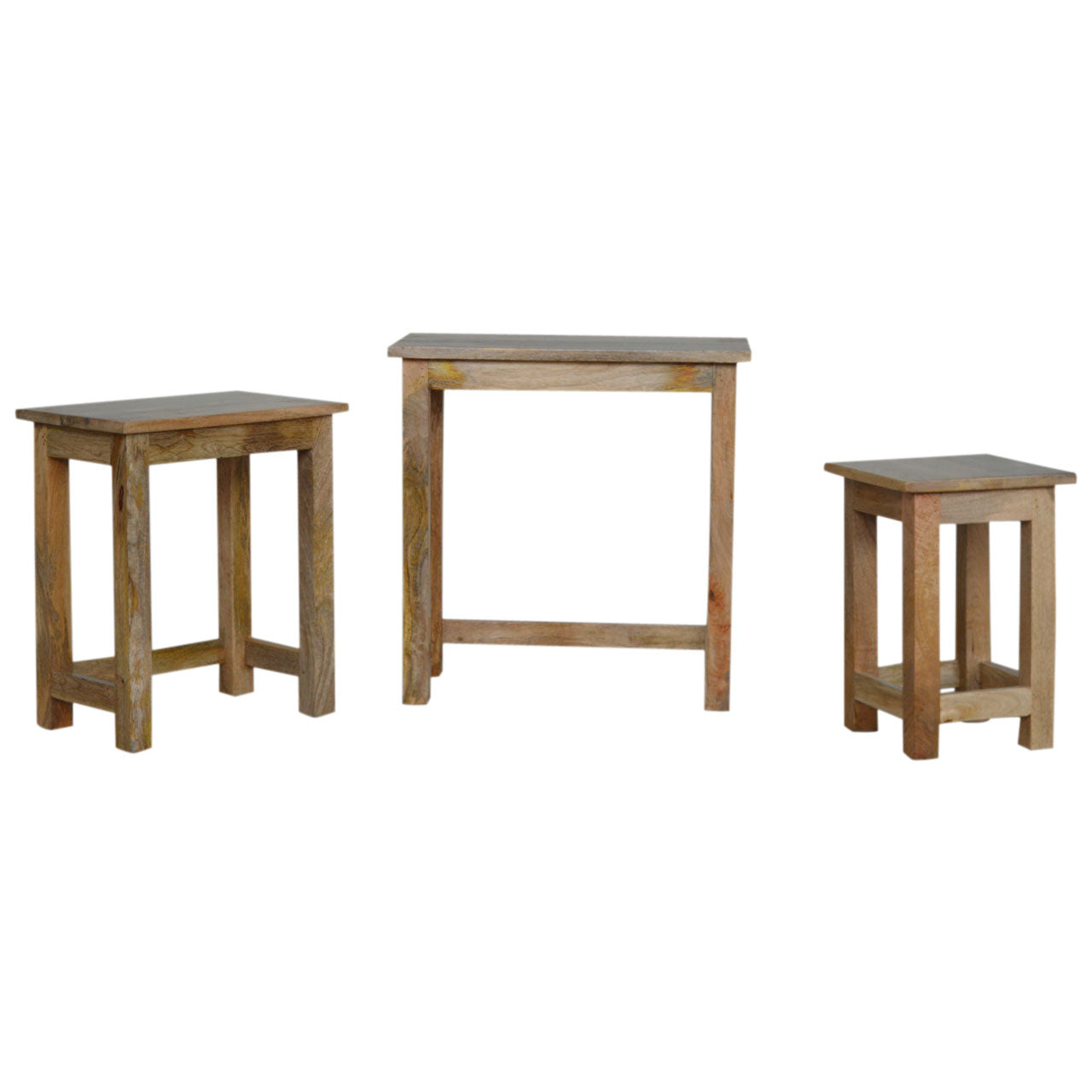 Solid Mango Wood Nest of 3 Stools – Hand-Distressed Oak-Ish Finish Stacking Side Tables