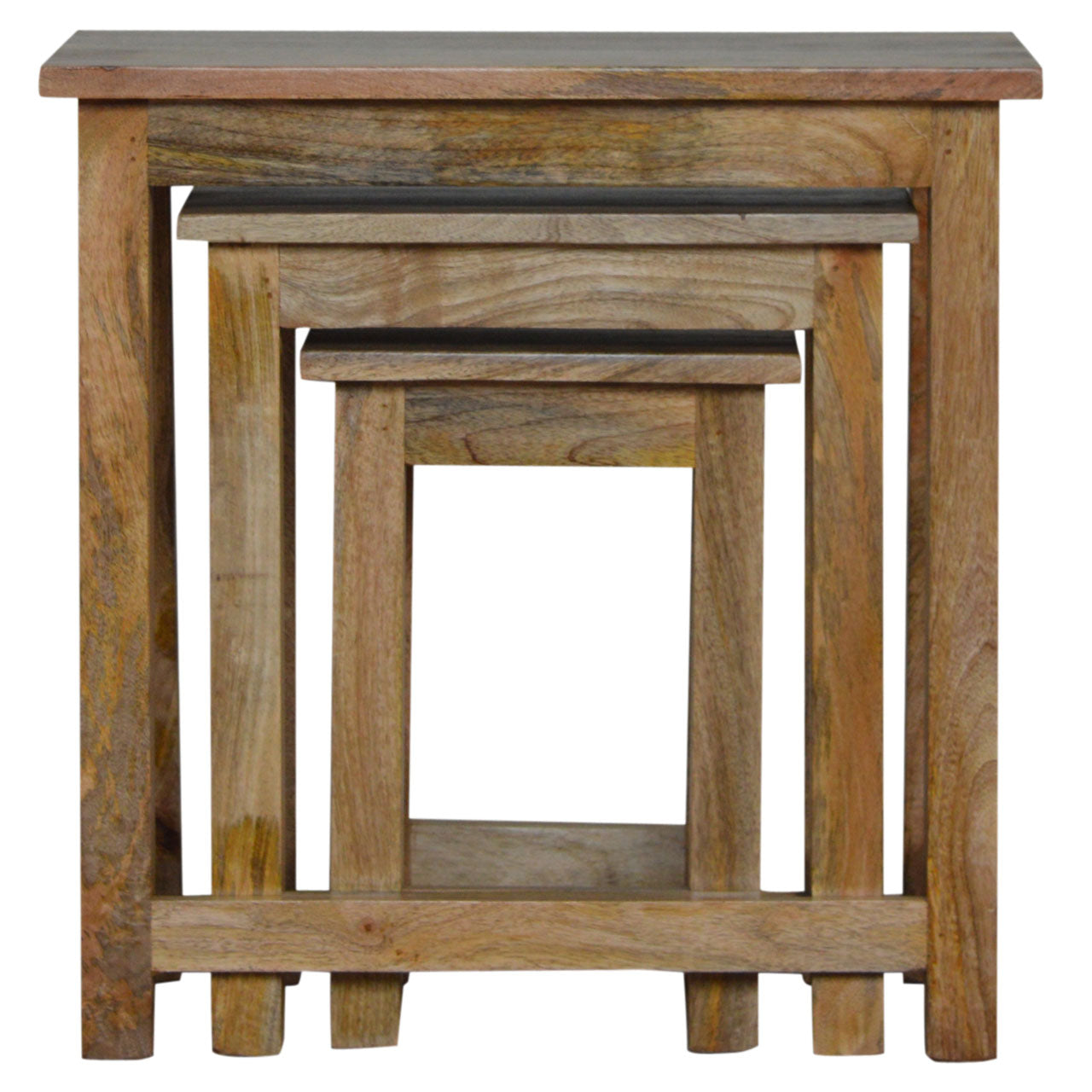Solid Mango Wood Nest of 3 Stools – Hand-Distressed Oak-Ish Finish Stacking Side Tables