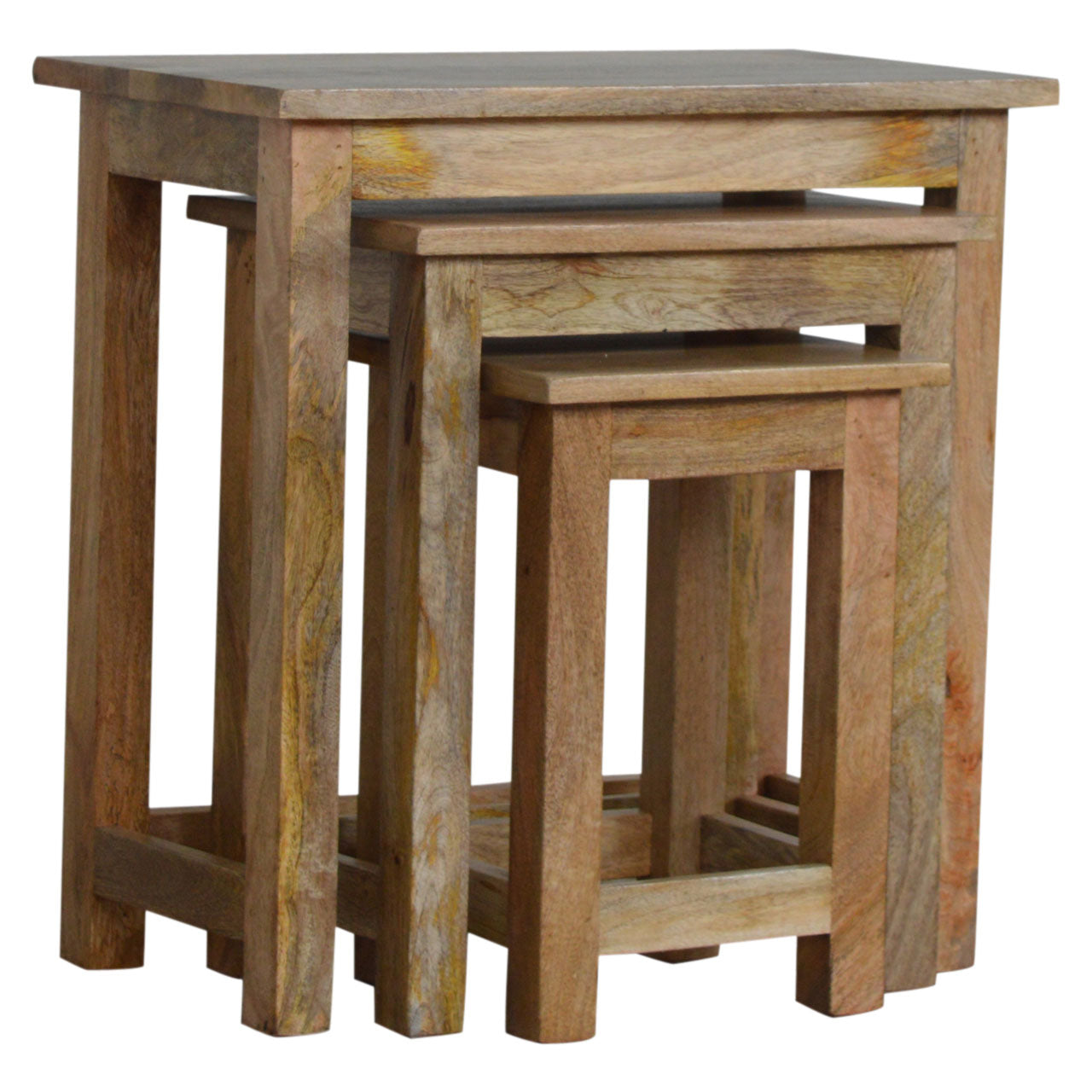 Solid Mango Wood Nest of 3 Stools – Hand-Distressed Oak-Ish Finish Stacking Side Tables