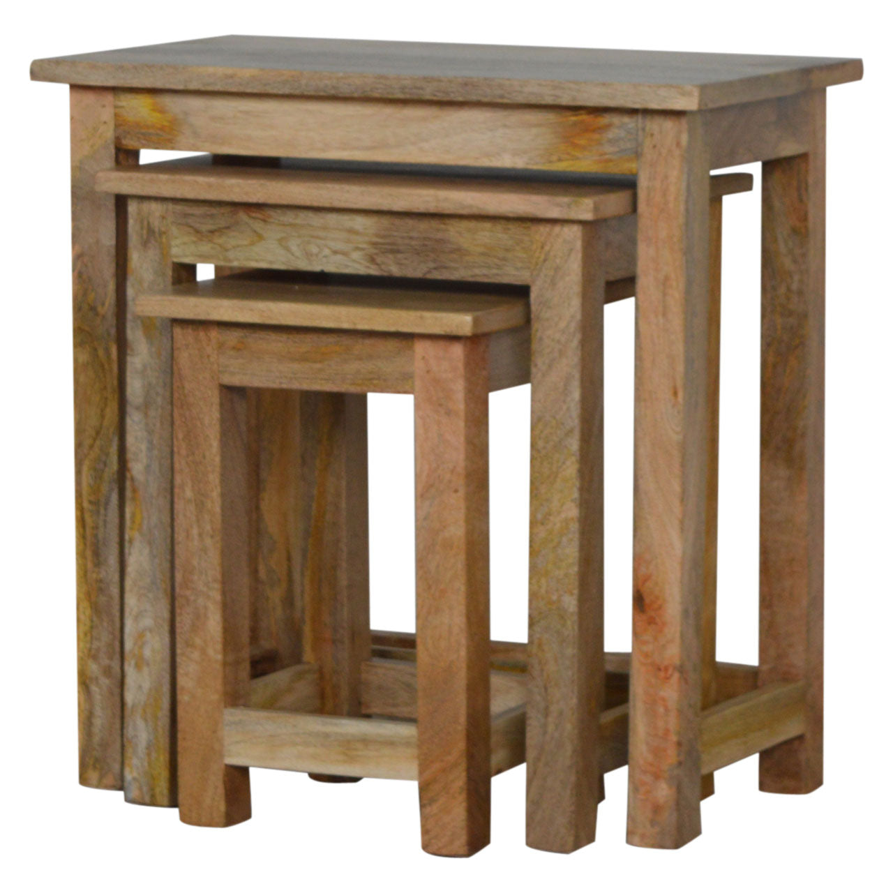 Solid Mango Wood Nest of 3 Stools – Hand-Distressed Oak-Ish Finish Stacking Side Tables
