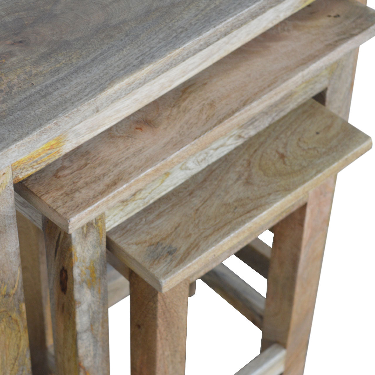 Solid Mango Wood Nest of 3 Stools – Hand-Distressed Oak-Ish Finish Stacking Side Tables