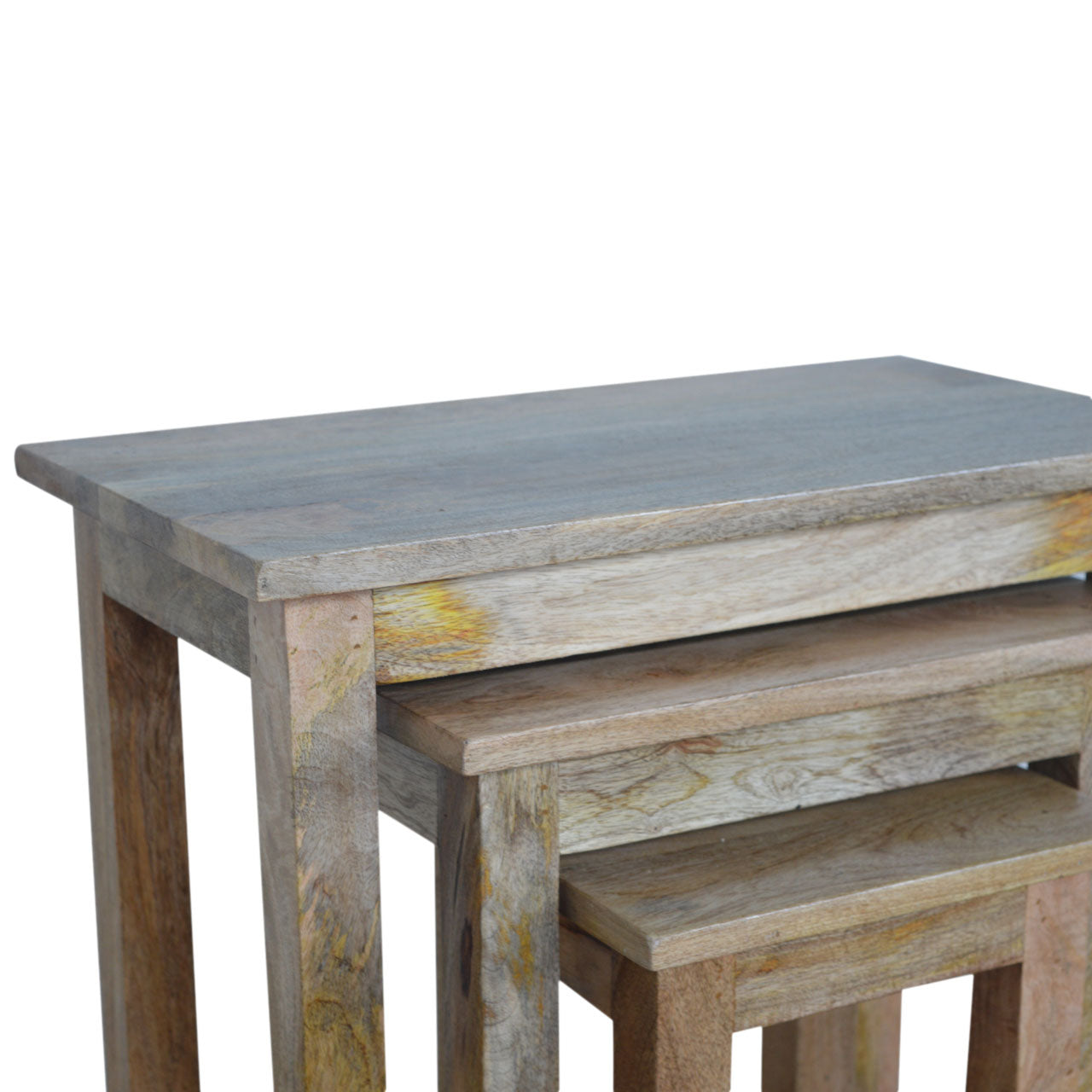 Solid Mango Wood Nest of 3 Stools – Hand-Distressed Oak-Ish Finish Stacking Side Tables