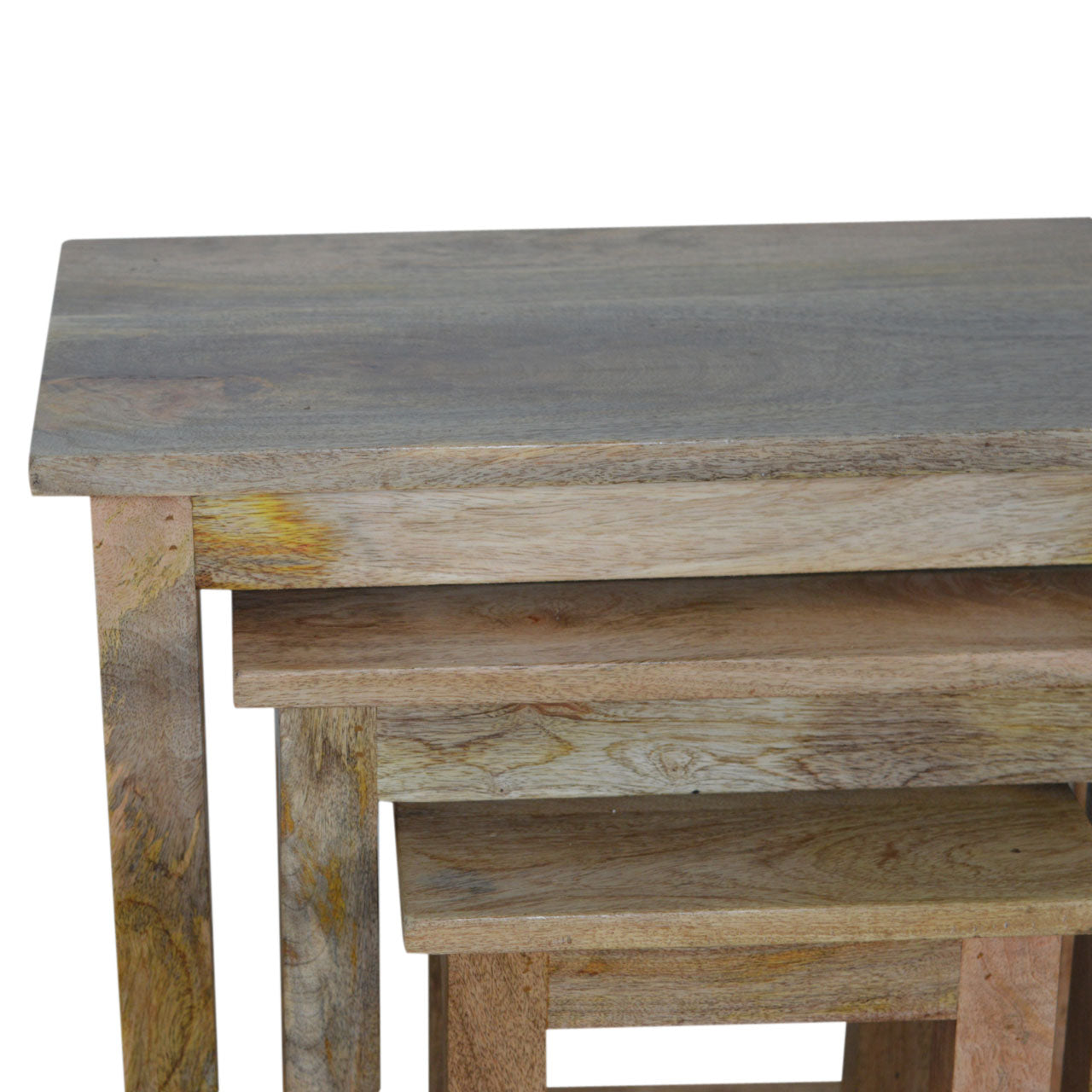 Solid Mango Wood Nest of 3 Stools – Hand-Distressed Oak-Ish Finish Stacking Side Tables