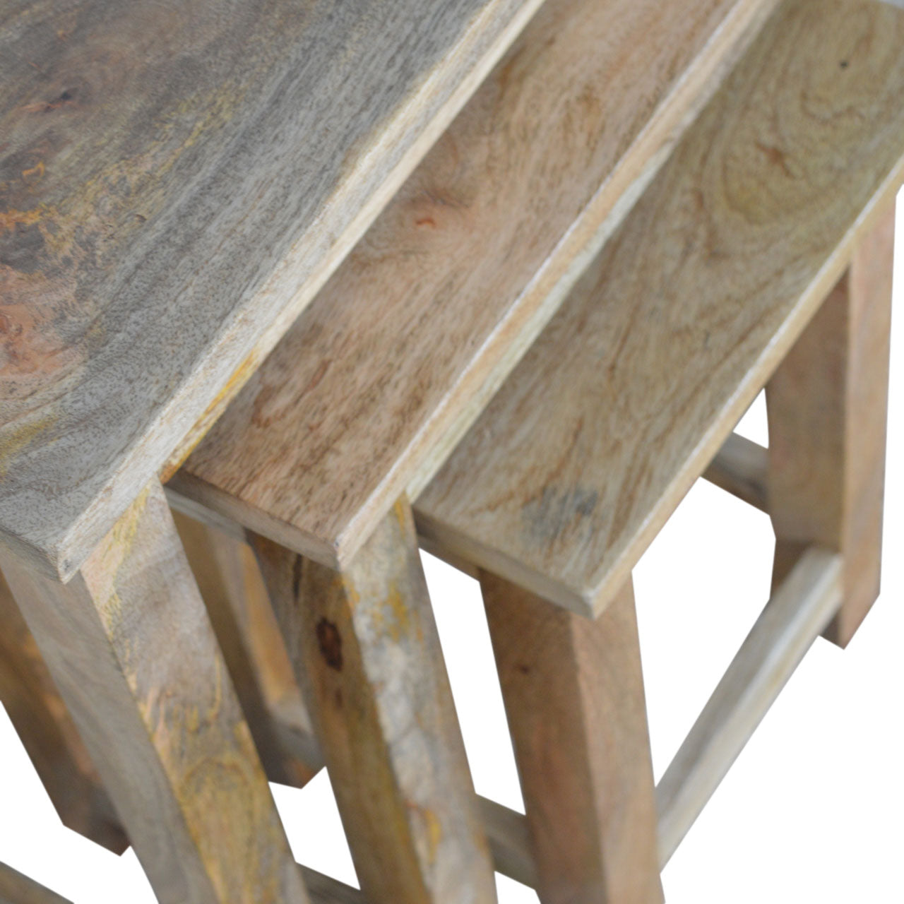 Solid Mango Wood Nest of 3 Stools – Hand-Distressed Oak-Ish Finish Stacking Side Tables