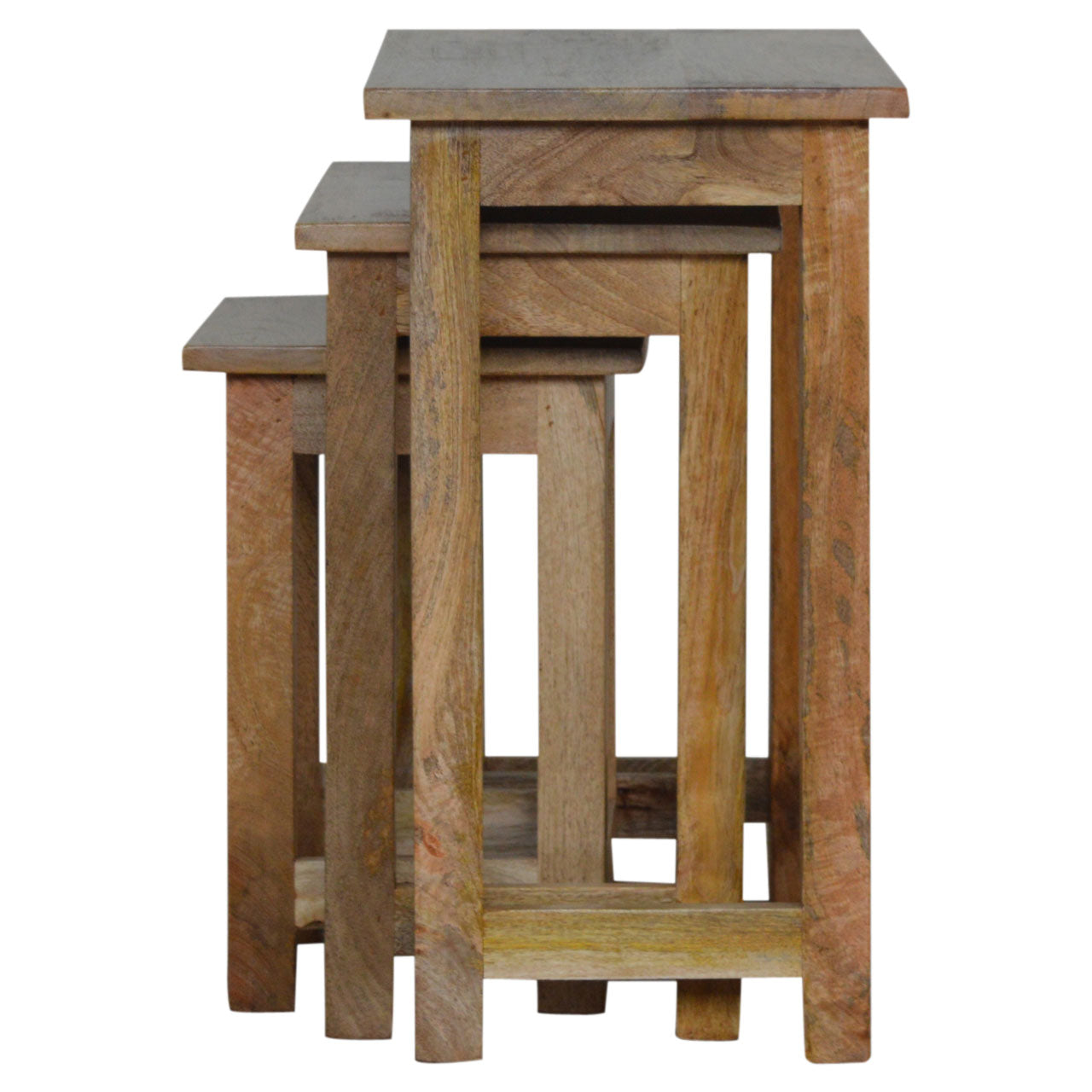 Solid Mango Wood Nest of 3 Stools – Hand-Distressed Oak-Ish Finish Stacking Side Tables