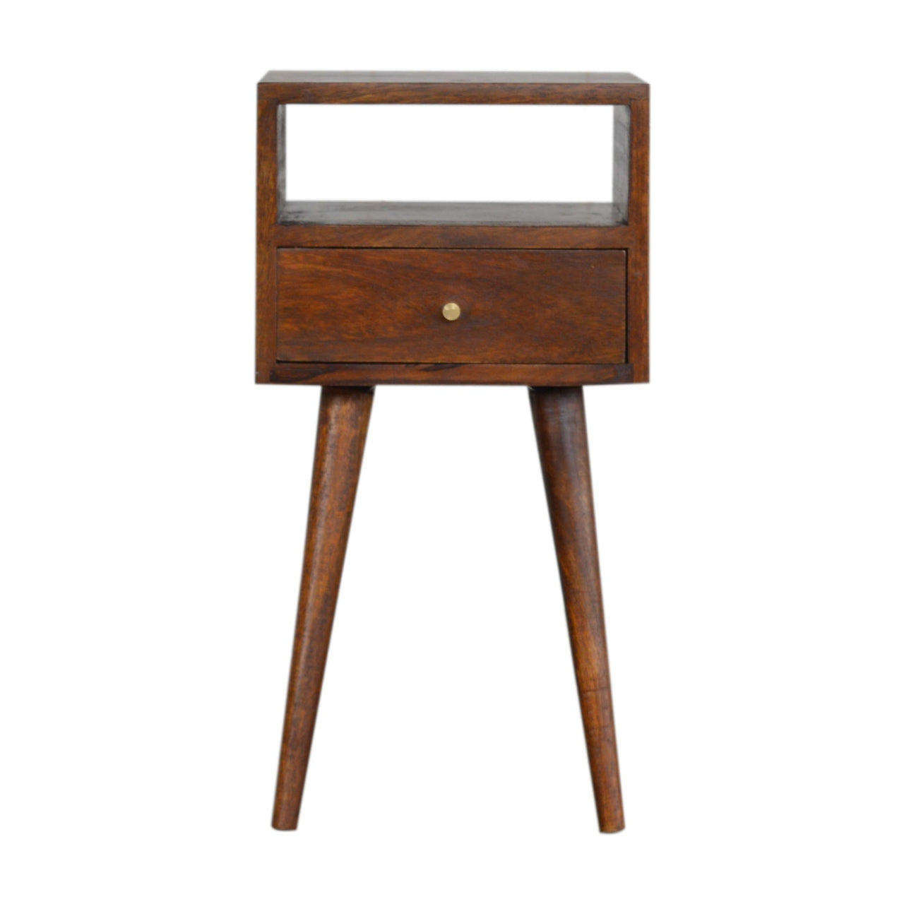 Mini Chestnut Bedside with 1 Drawer and Open Shelf, Handmade Solid Wood, Compact Design