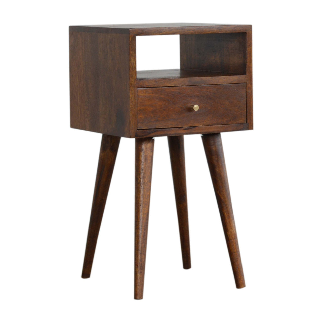 Mini Chestnut Bedside with 1 Drawer and Open Shelf, Handmade Solid Wood, Compact Design