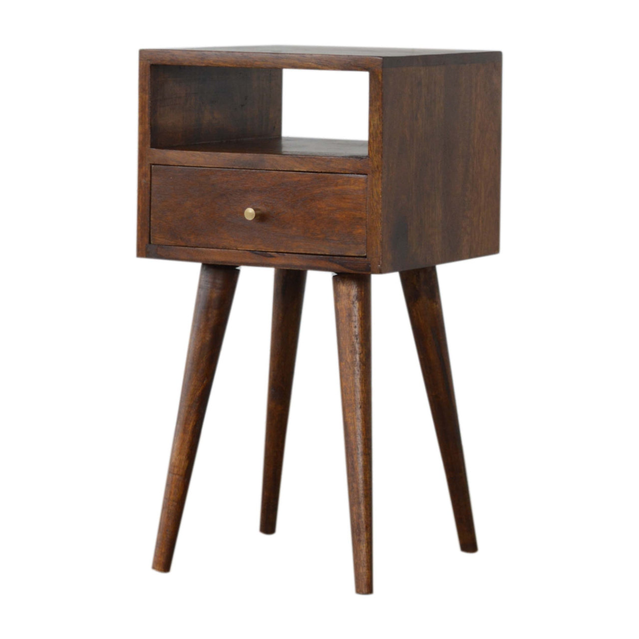 Mini Chestnut Bedside with 1 Drawer and Open Shelf, Handmade Solid Wood, Compact Design