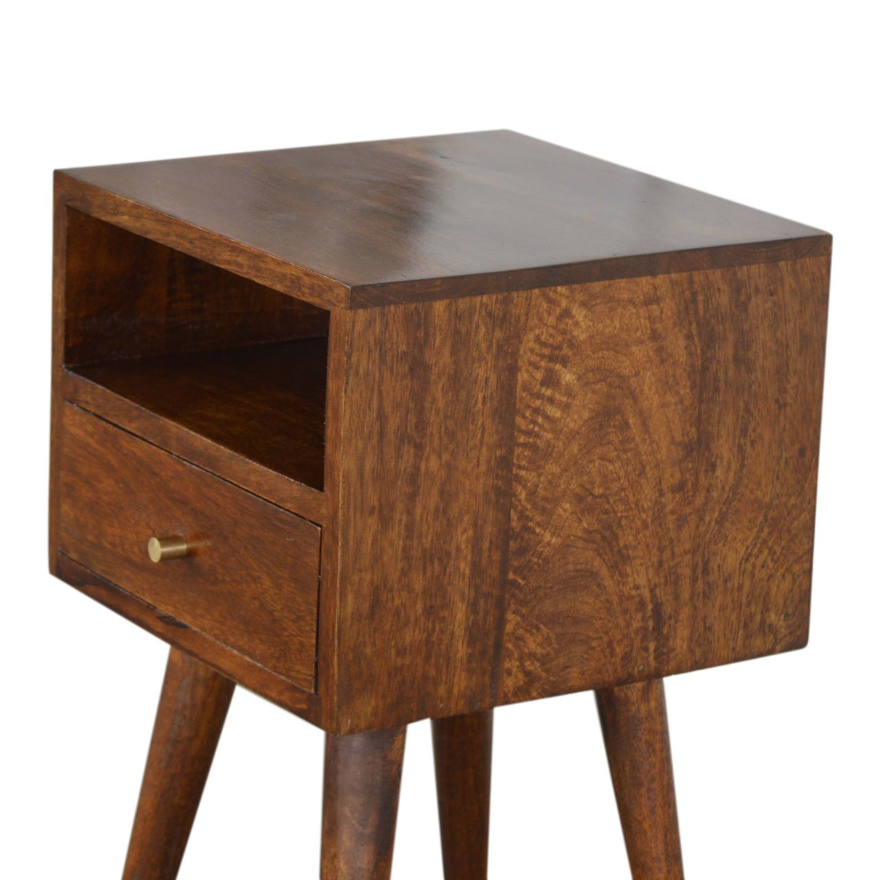 Mini Chestnut Bedside with 1 Drawer and Open Shelf, Handmade Solid Wood, Compact Design