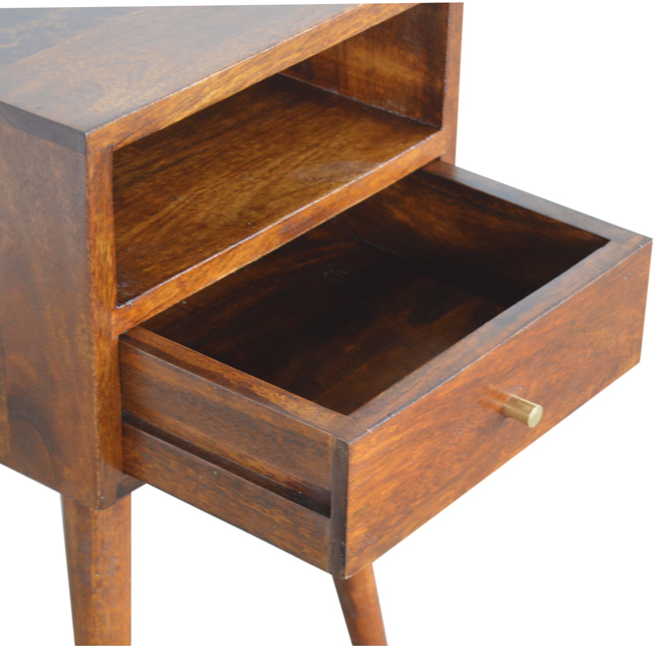 Mini Chestnut Bedside with 1 Drawer and Open Shelf, Handmade Solid Wood, Compact Design