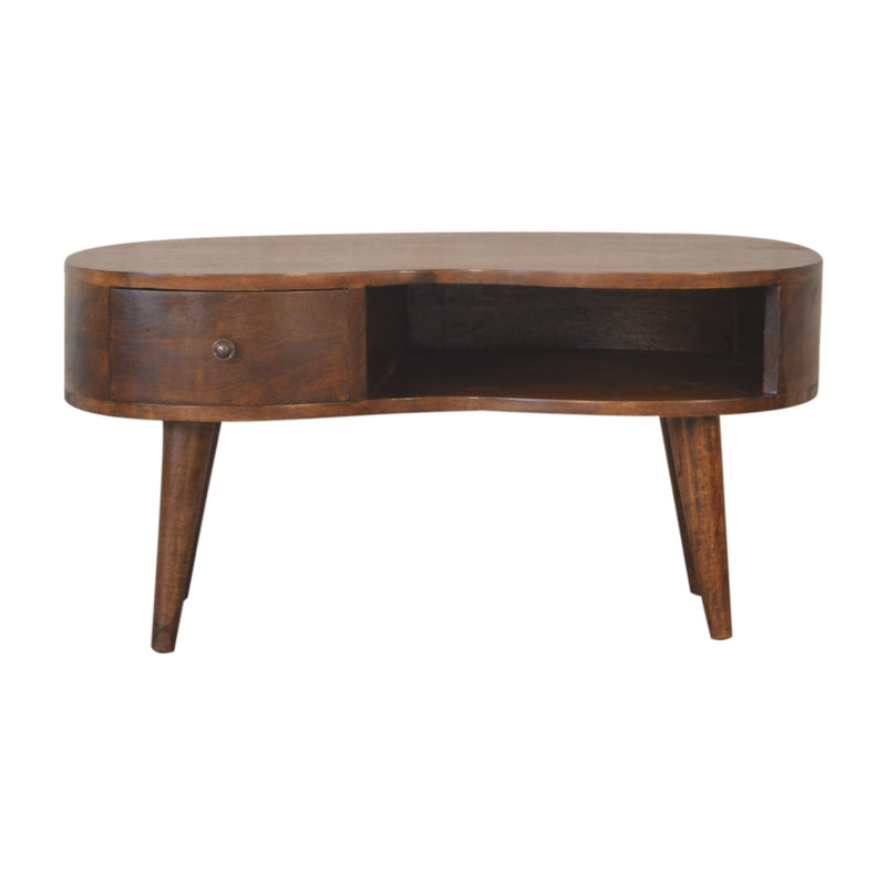 1 Drawer and Shelf Chestnut Wave Coffee Table featuring Curved Design, Handmade Solid Wood
