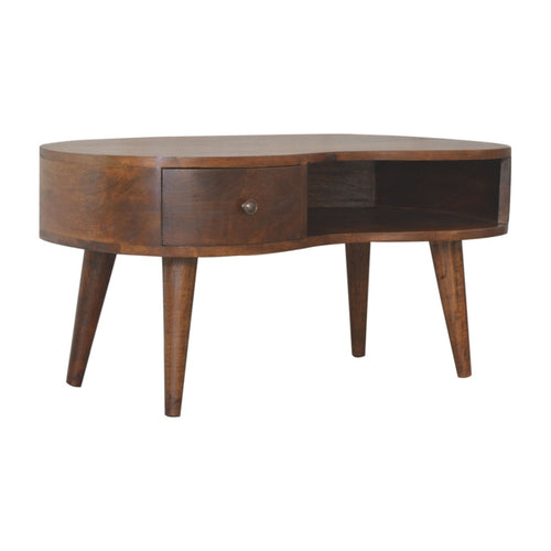 1 Drawer and Shelf Chestnut Wave Coffee Table featuring Curved Design, Handmade Solid Wood