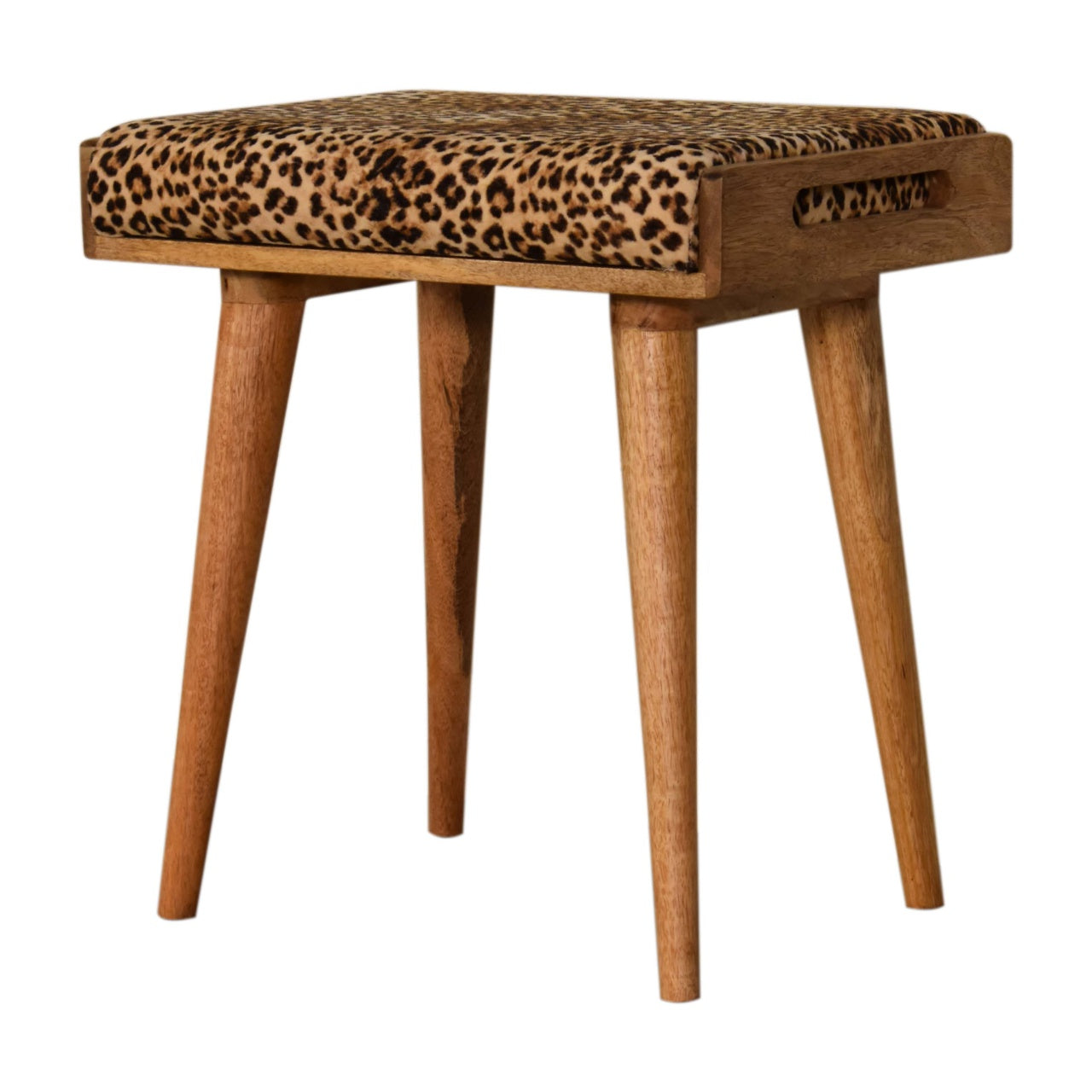 Leopard Velvet Tray-Style Footstool, Handmade Solid Wood Accent Seating