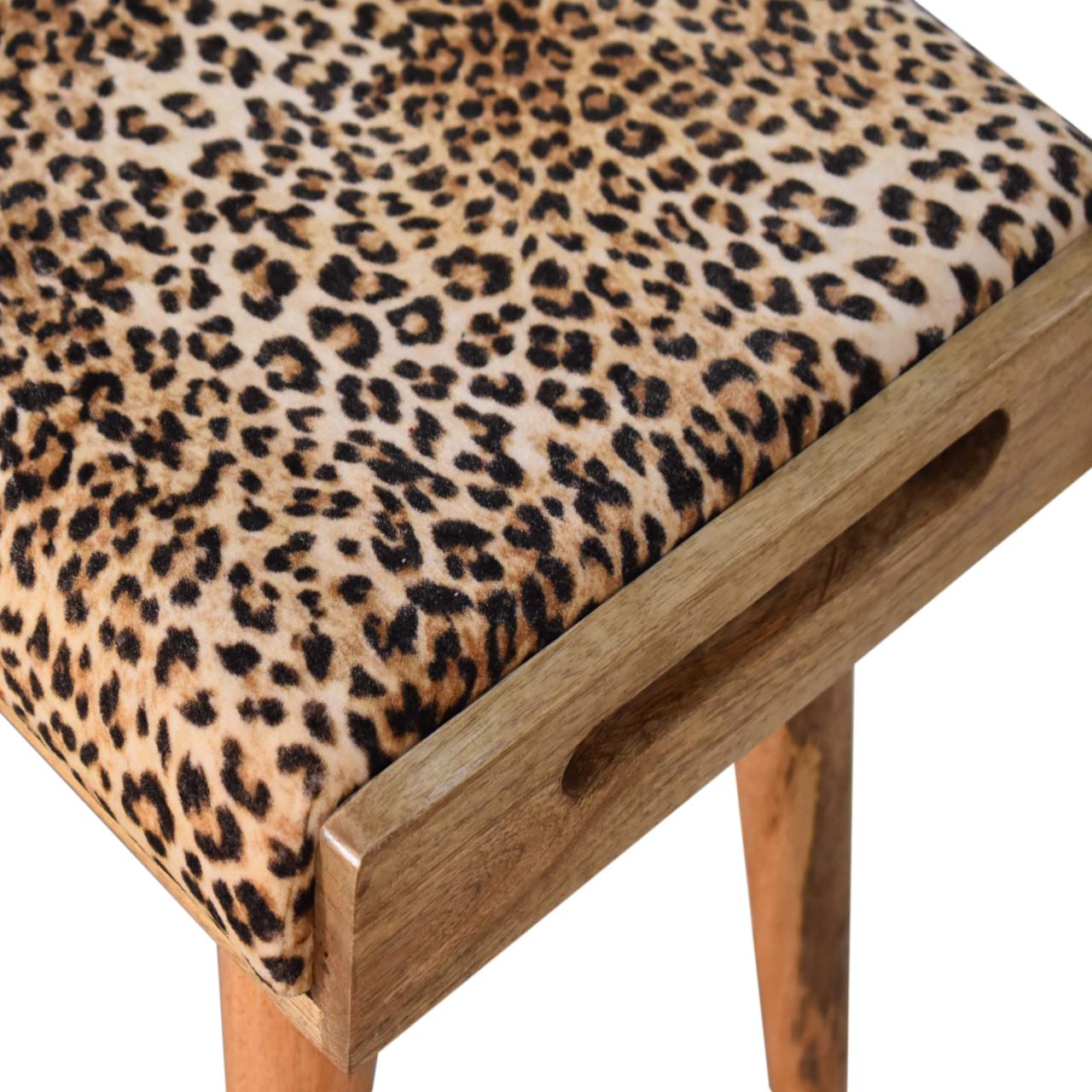 Leopard Velvet Tray-Style Footstool, Handmade Solid Wood Accent Seating