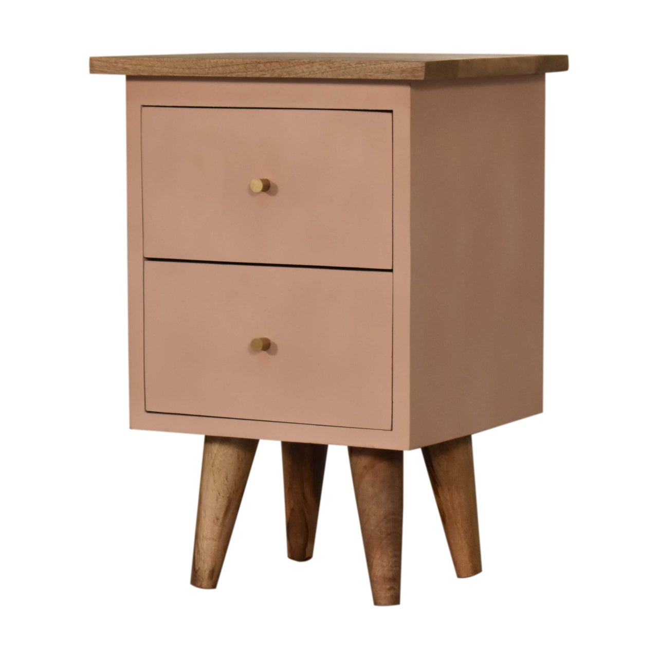 Classic Solid Wood Bedside Table – 2 Drawers, Pink Hand-Painted, Nordic Legs