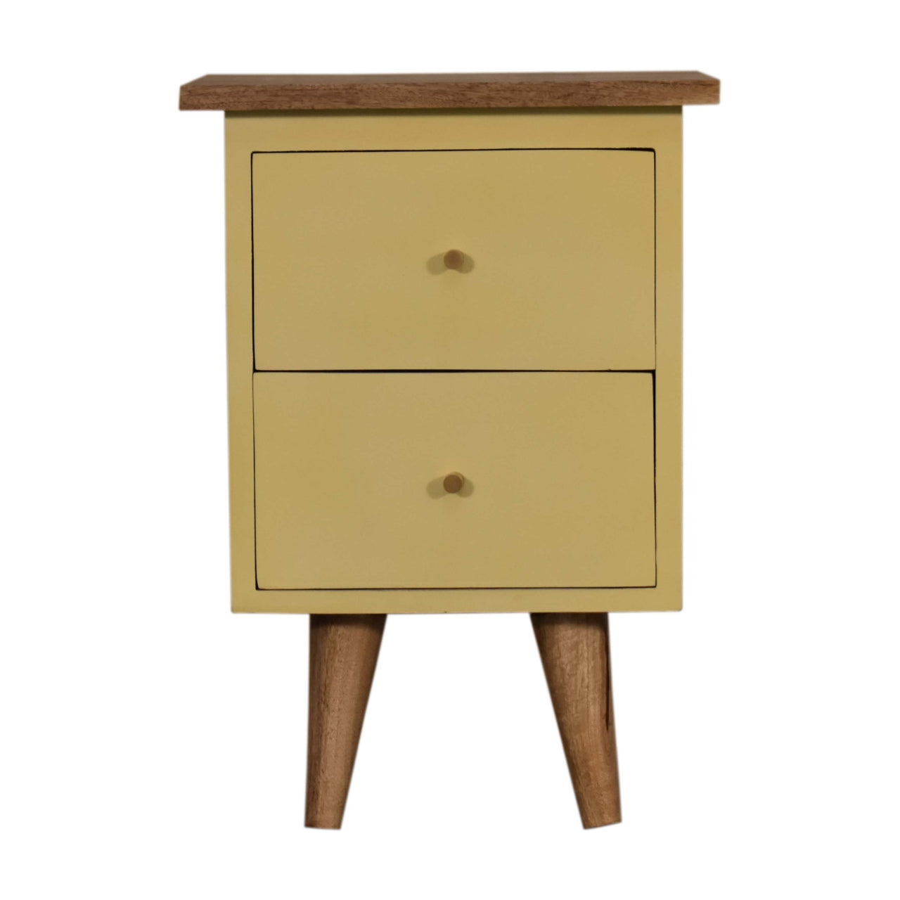 Classic Solid Wood Bedside Table – 2 Drawers, Yellow Hand-Painted, Nordic Legs