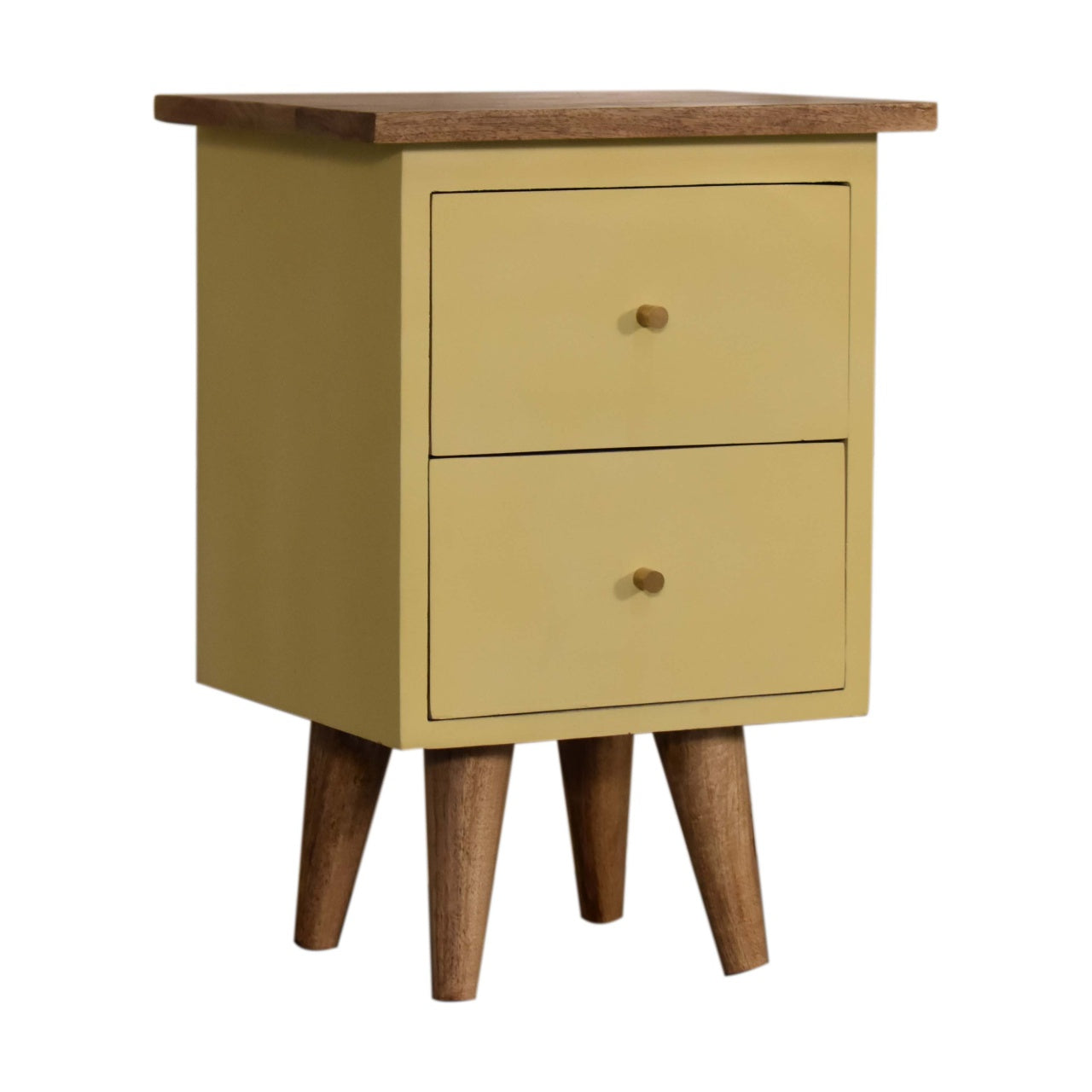 Classic Solid Wood Bedside Table – 2 Drawers, Yellow Hand-Painted, Nordic Legs