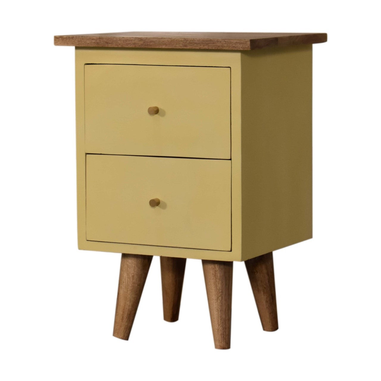 Classic Solid Wood Bedside Table – 2 Drawers, Yellow Hand-Painted, Nordic Legs