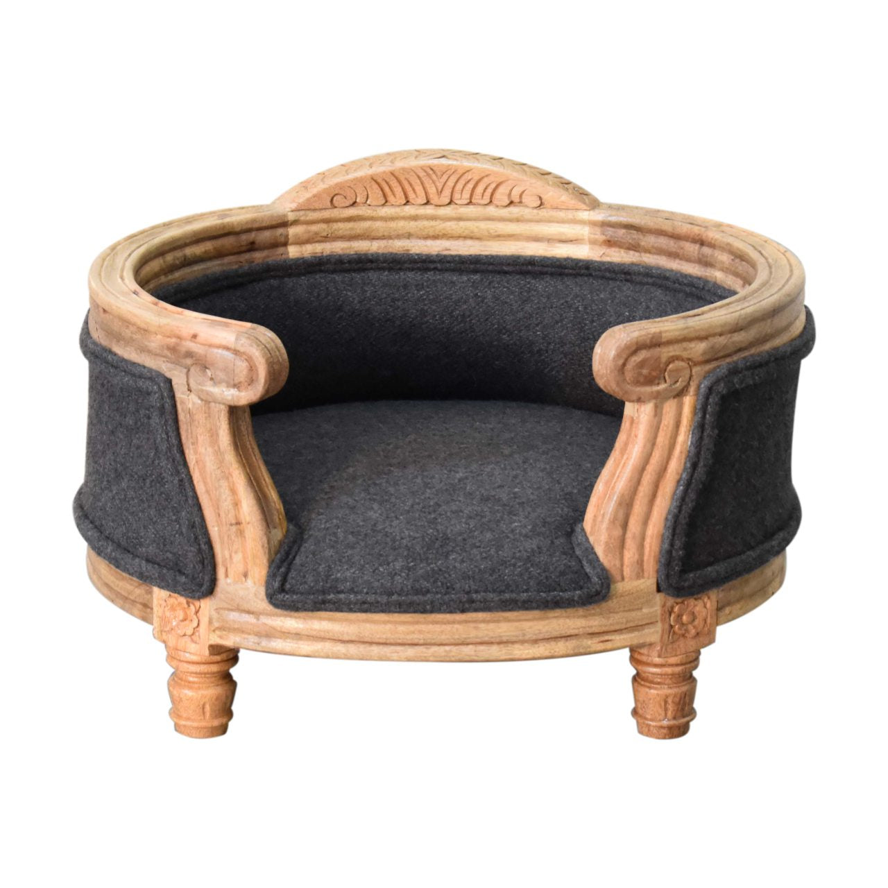 Hand Crafted Carved Battleship Tweed Pet Bed - Luxury Solid Wood