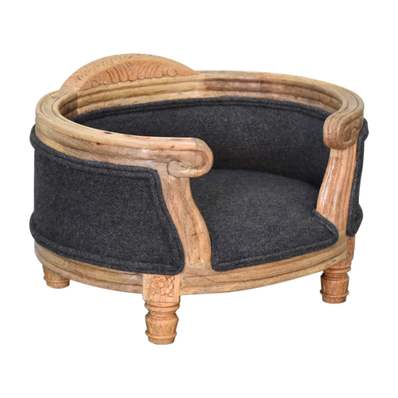Hand Crafted Carved Battleship Tweed Pet Bed - Luxury Solid Wood