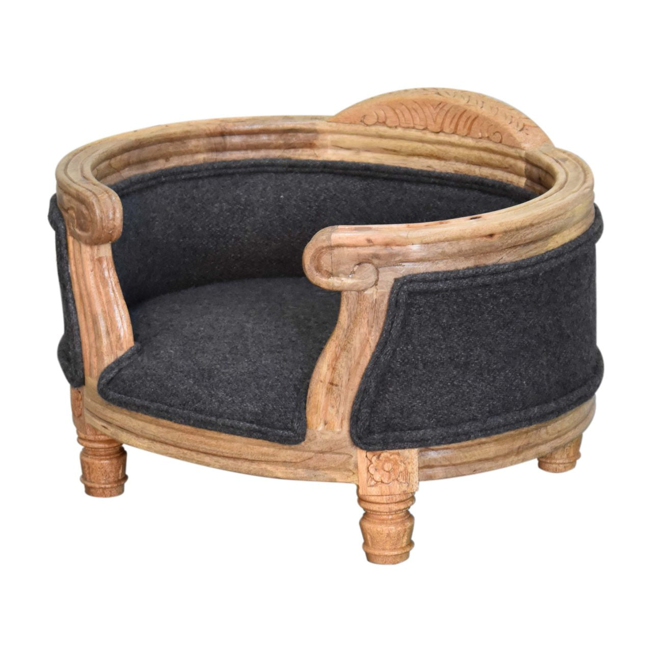 Hand Crafted Carved Battleship Tweed Pet Bed - Luxury Solid Wood