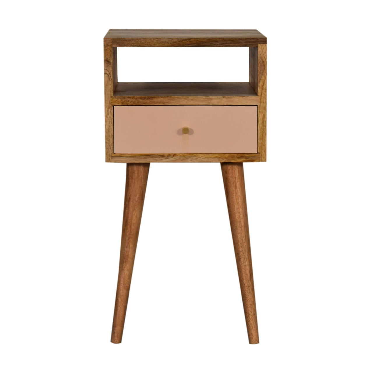 Hand-Painted Pink Bedside Table – 1 Drawer, Open Shelf, Nordic Legs