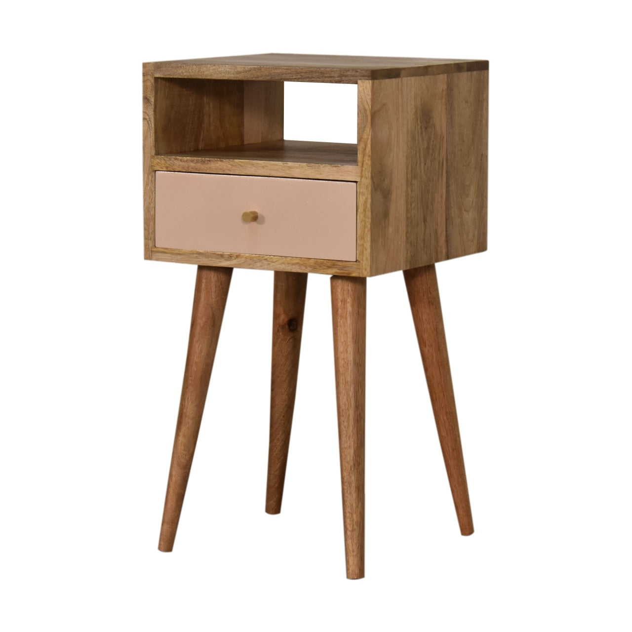 Hand-Painted Pink Bedside Table – 1 Drawer, Open Shelf, Nordic Legs