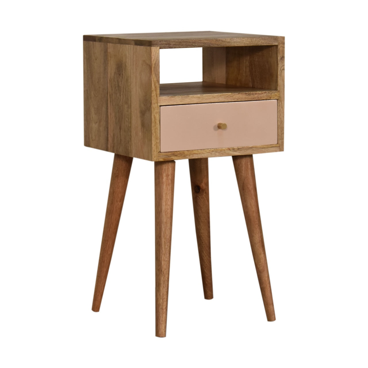 Hand-Painted Pink Bedside Table – 1 Drawer, Open Shelf, Nordic Legs