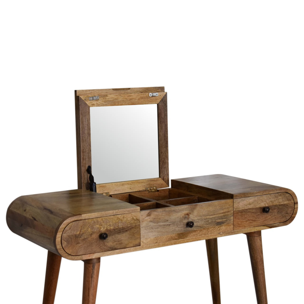 Handmade Solid Wood Round Dressing Table – 2 Drawers with Mirror & Storage Vanity