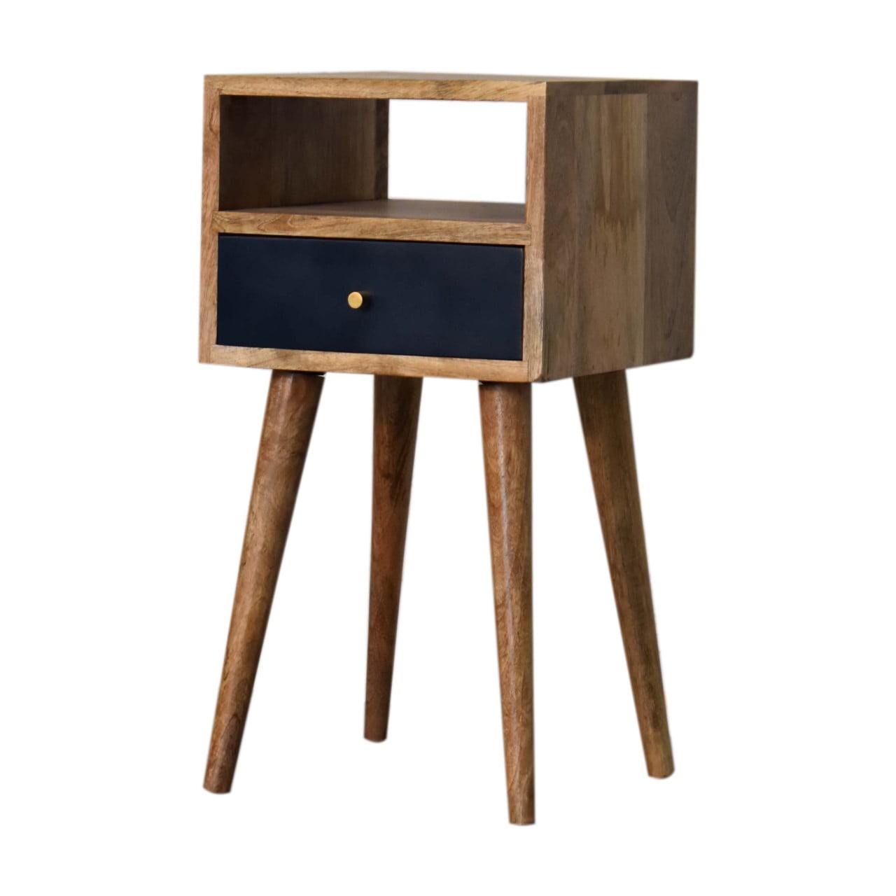 Hand-Painted Navy Blue Bedside Table – 1 Drawer, Open Shelf, Nordic Legs