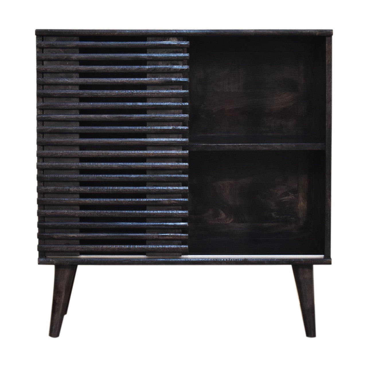 Kobe Solid Mango Wood Cabinet – 1 Door, Ridged Design, Ash Black Finish, Mid-Century Modern / Scandi Style