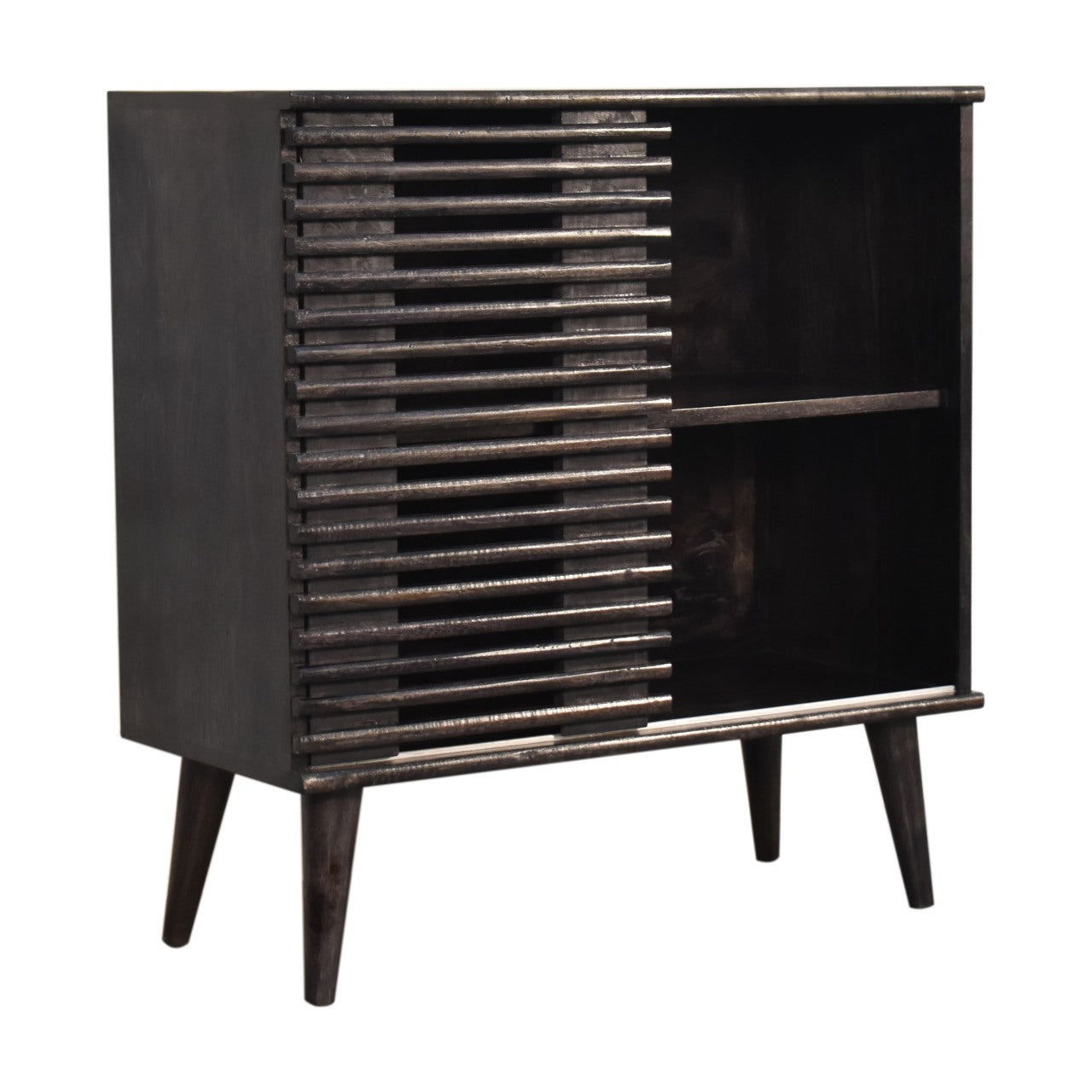 Kobe Solid Mango Wood Cabinet – 1 Door, Ridged Design, Ash Black Finish, Mid-Century Modern / Scandi Style