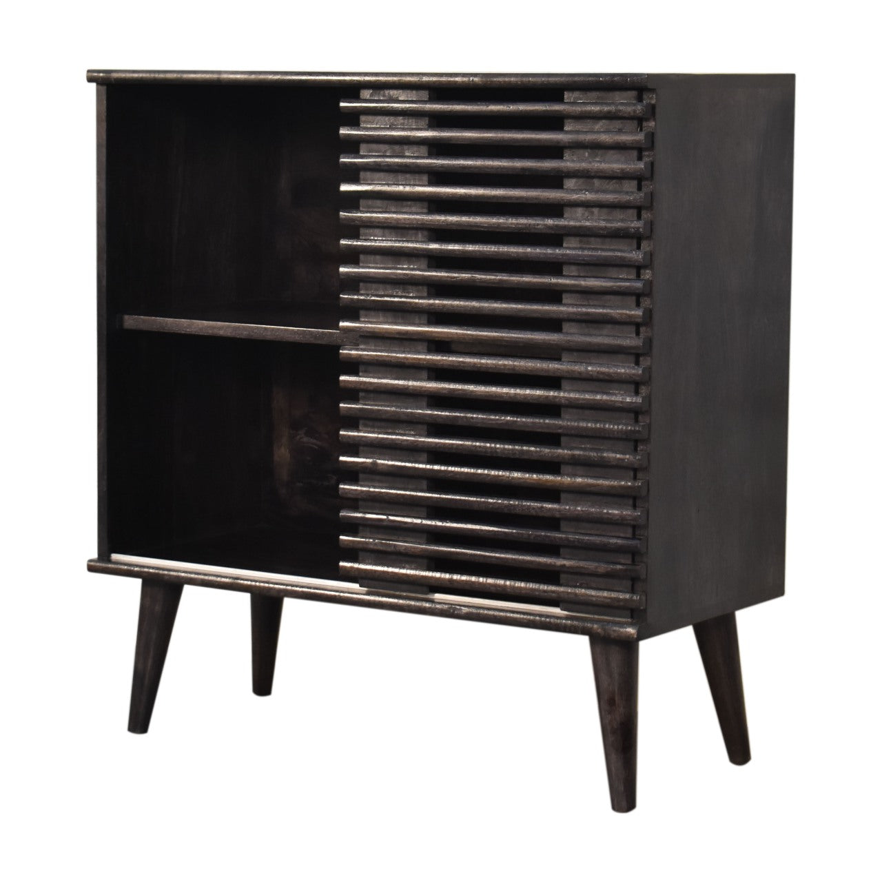 Kobe Solid Mango Wood Cabinet – 1 Door, Ridged Design, Ash Black Finish, Mid-Century Modern / Scandi Style