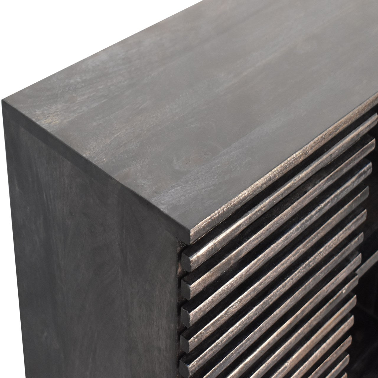 Kobe Solid Mango Wood Cabinet – 1 Door, Ridged Design, Ash Black Finish, Mid-Century Modern / Scandi Style