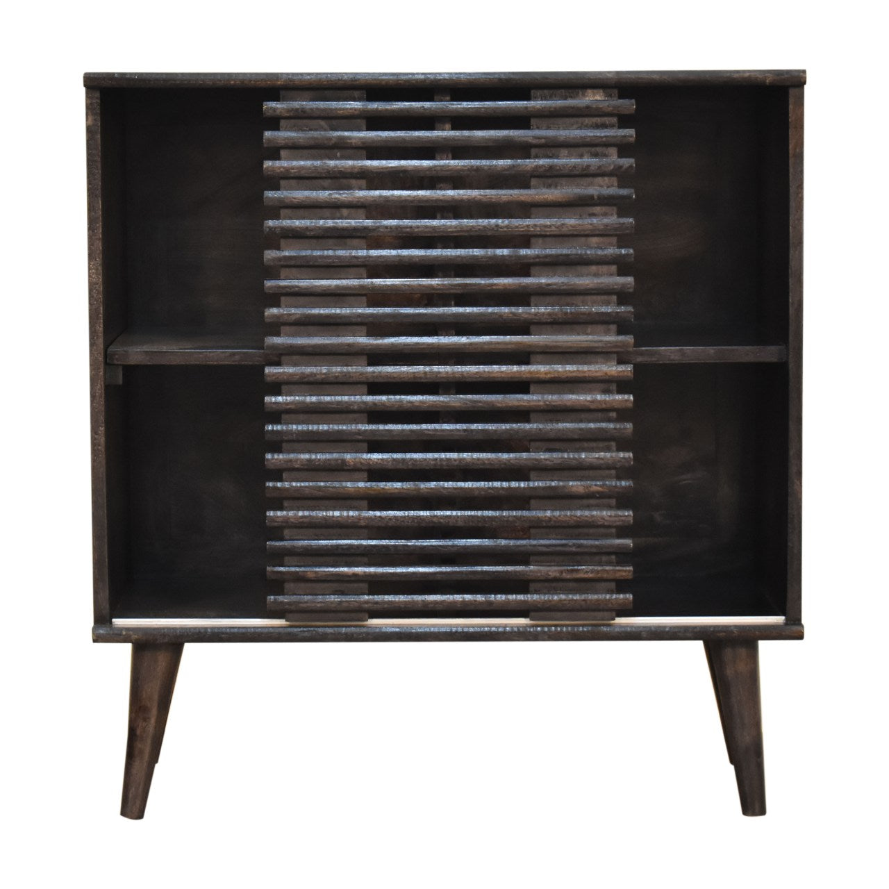 Kobe Solid Mango Wood Cabinet – 1 Door, Ridged Design, Ash Black Finish, Mid-Century Modern / Scandi Style