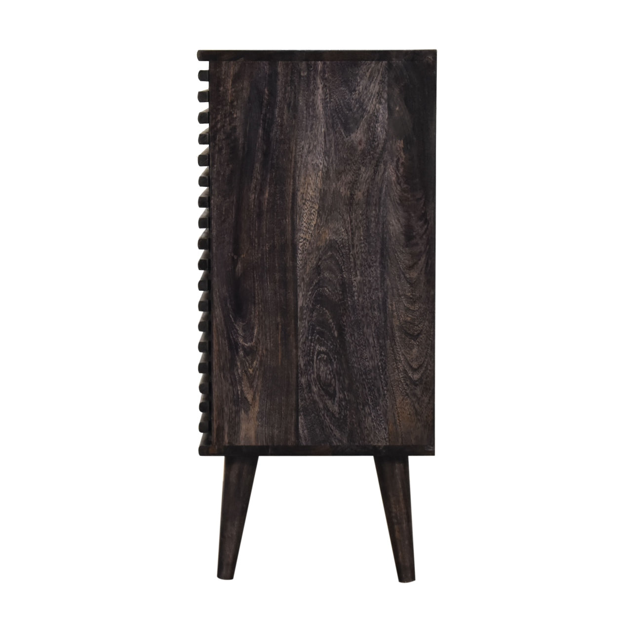 Kobe Solid Mango Wood Cabinet – 1 Door, Ridged Design, Ash Black Finish, Mid-Century Modern / Scandi Style