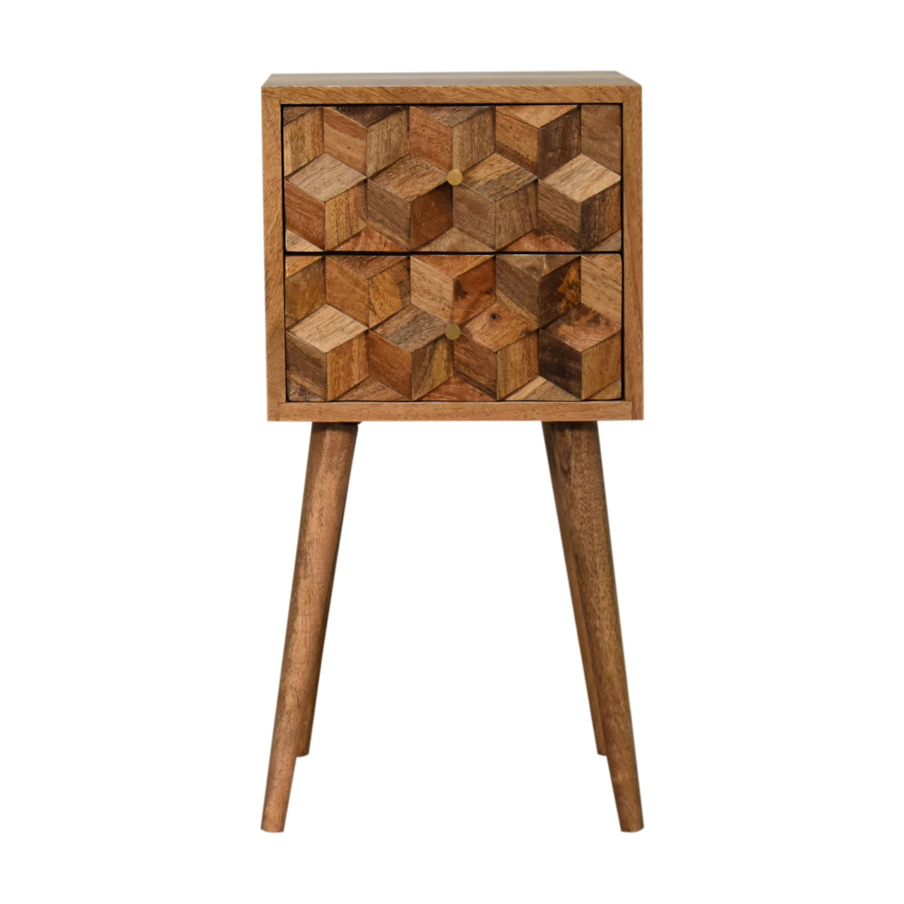 Solid Wood Cube Carved 2 Drawer Bedside - Modern Nordic Design in Oak